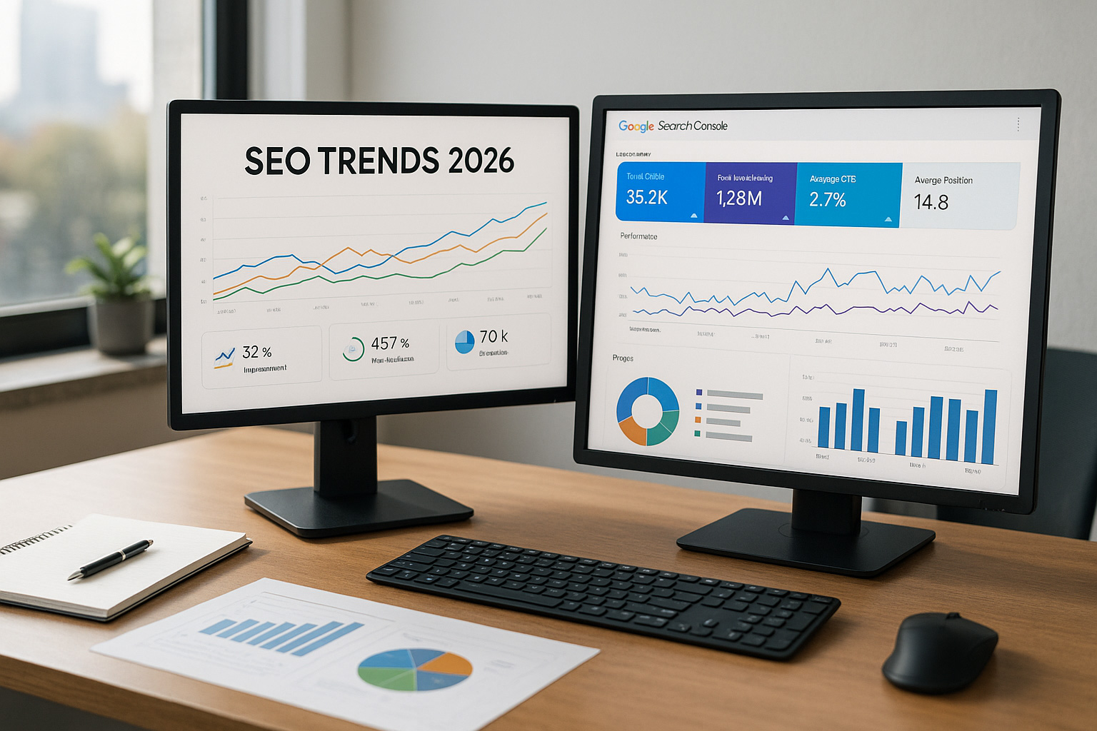 Bureau moderne avec deux écrans affichant des analyses SEO 2026 sur Google Analytics et Google Search Console, illustrant les tendances du référencement.