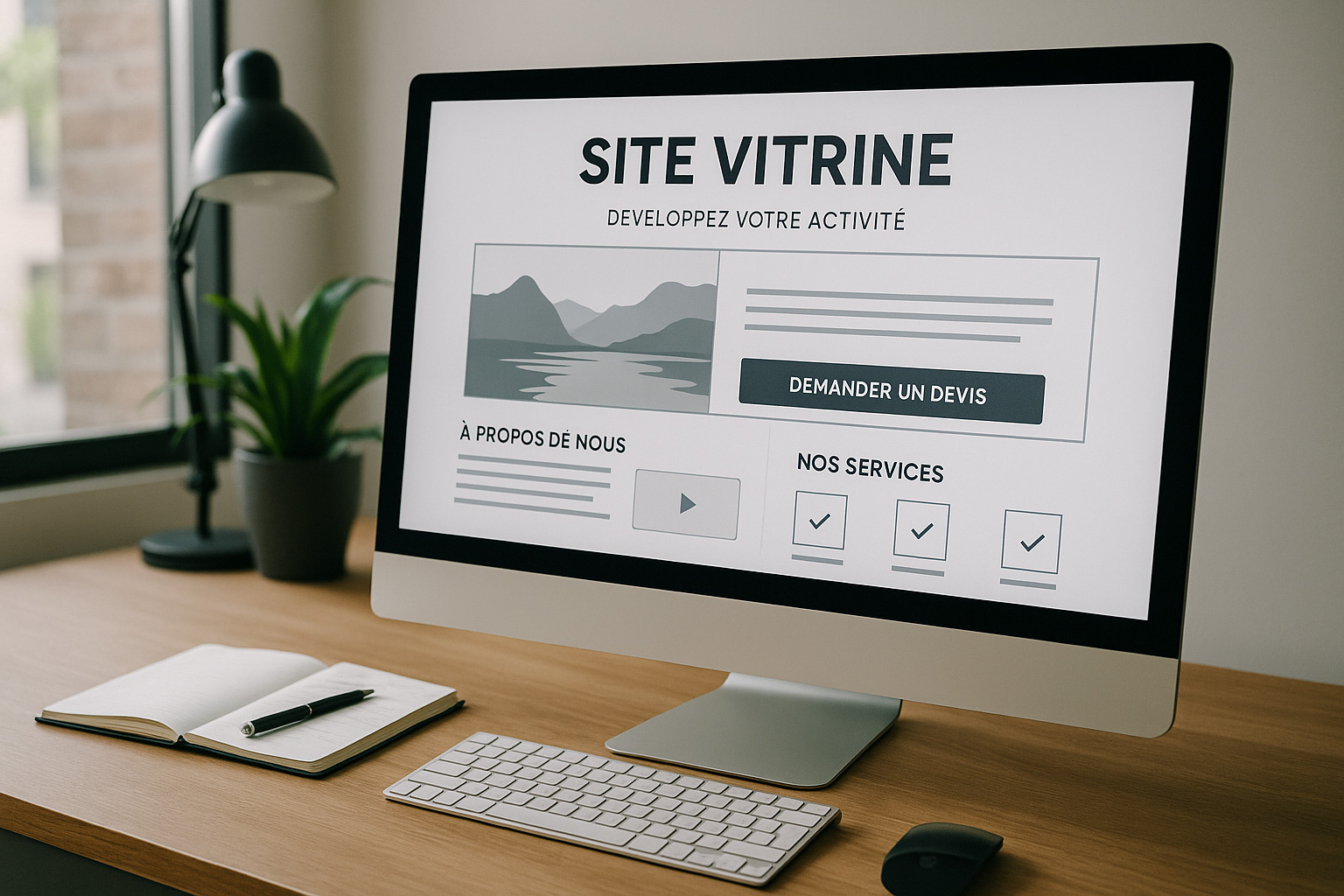 Écran d’ordinateur affichant la maquette d’un site vitrine en français, posé sur un bureau moderne avec carnet, clavier et plante verte, illustrant la création de sites Internet en 2026.