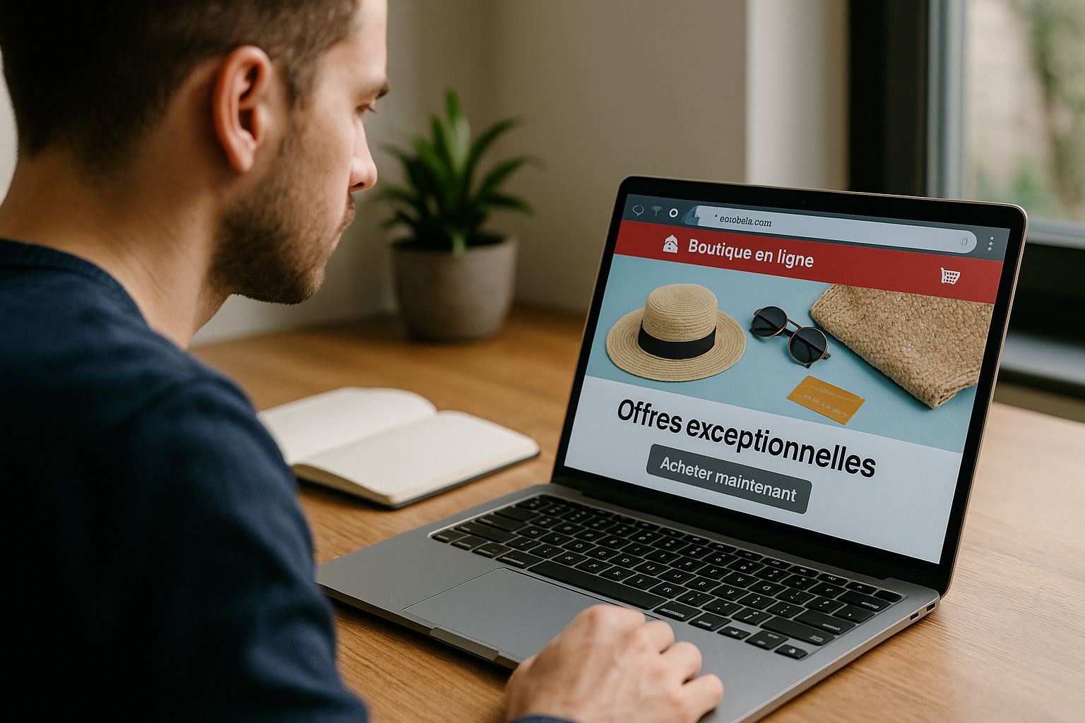 Homme consultant un site en ligne suspect sur un ordinateur portable, illustrant la détection rapide d’un faux site Internet et les risques d’arnaques en ligne.