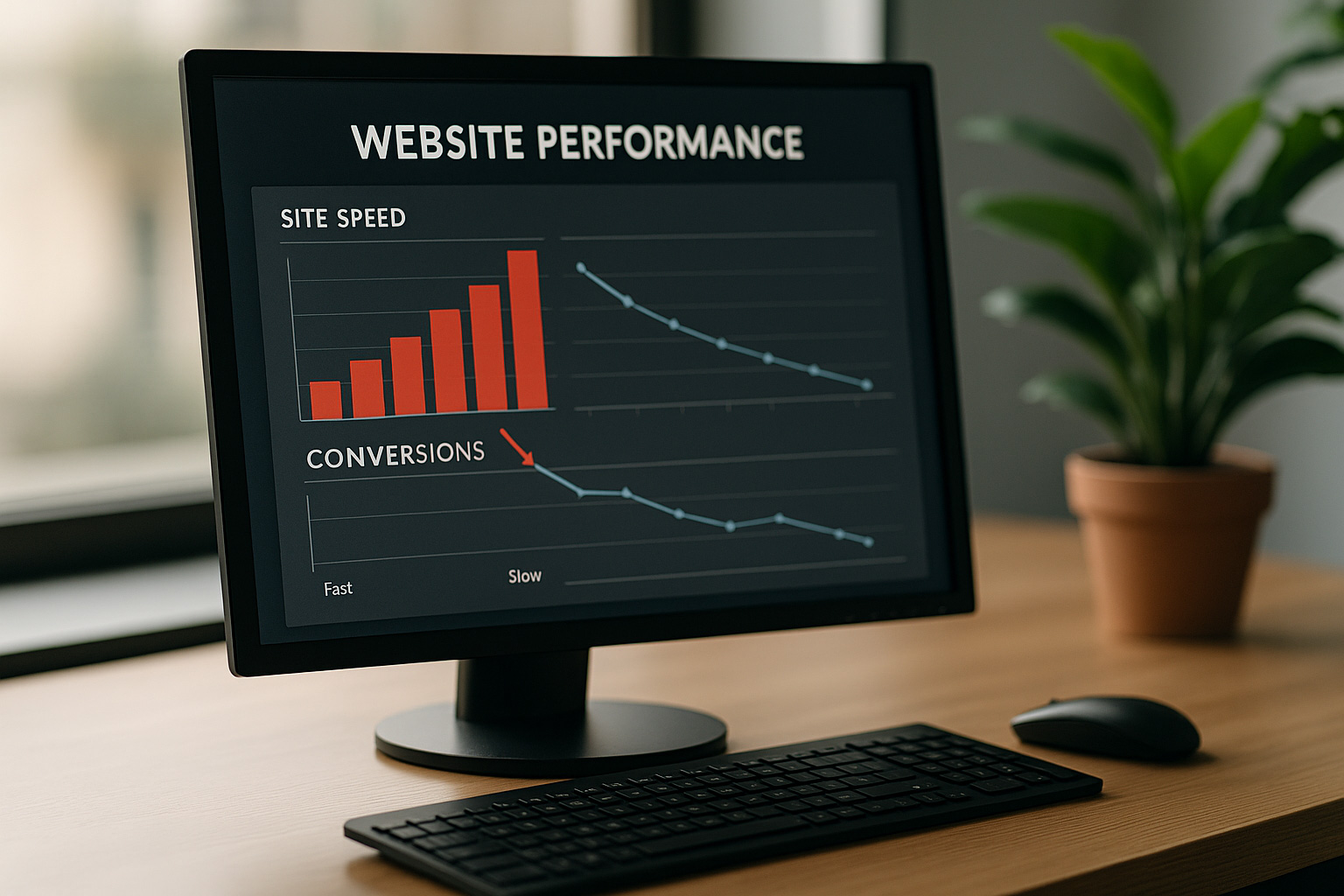 Écran d’ordinateur affichant un graphique montrant la baisse des conversions liée à la lenteur d’un site Internet, dans un bureau moderne éclairé naturellement.