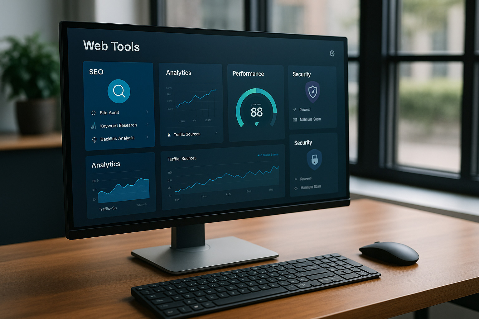 Écran d’ordinateur affichant un tableau de bord réunissant des outils web essentiels — SEO, analytics, performance et sécurité — sur un bureau moderne éclairé naturellement.