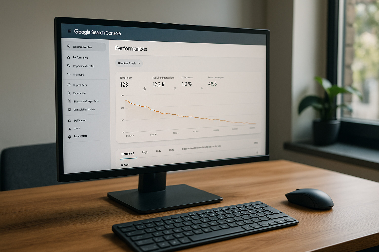 Écran d’ordinateur affichant un rapport Google Search Console avec une visibilité très faible, illustrant les problèmes d’indexation et de référencement d’un site Internet.