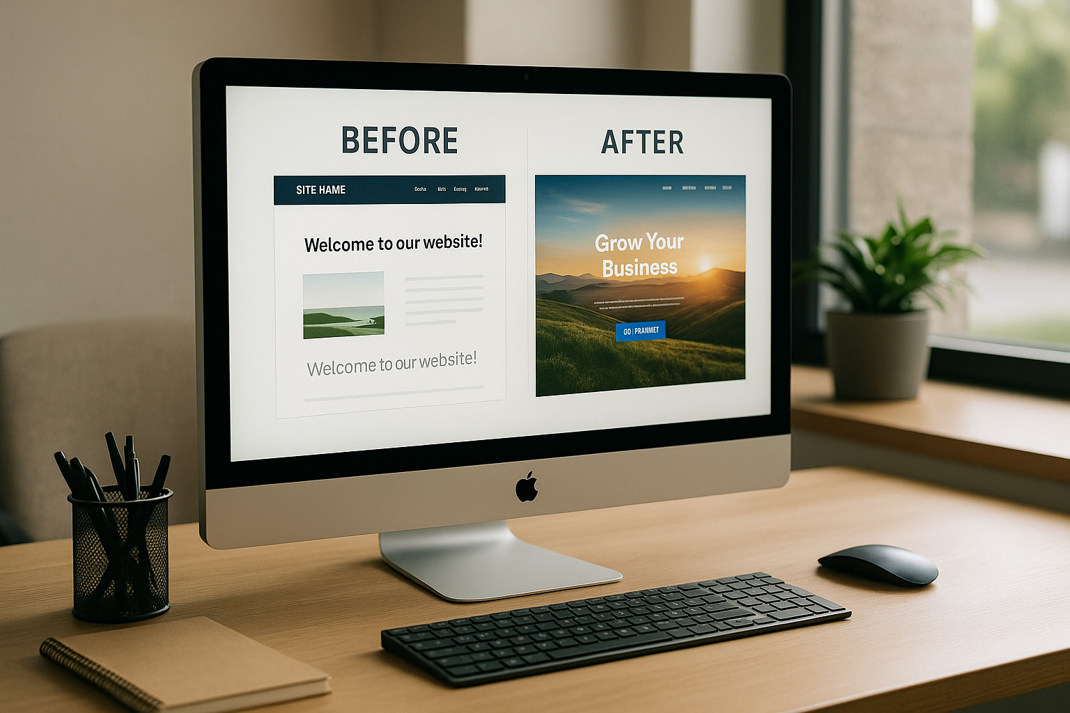 Écran d’ordinateur affichant côte à côte un site Internet avant et après refonte, posé sur un bureau moderne et éclairé naturellement, illustrant la modernisation d’un site web.