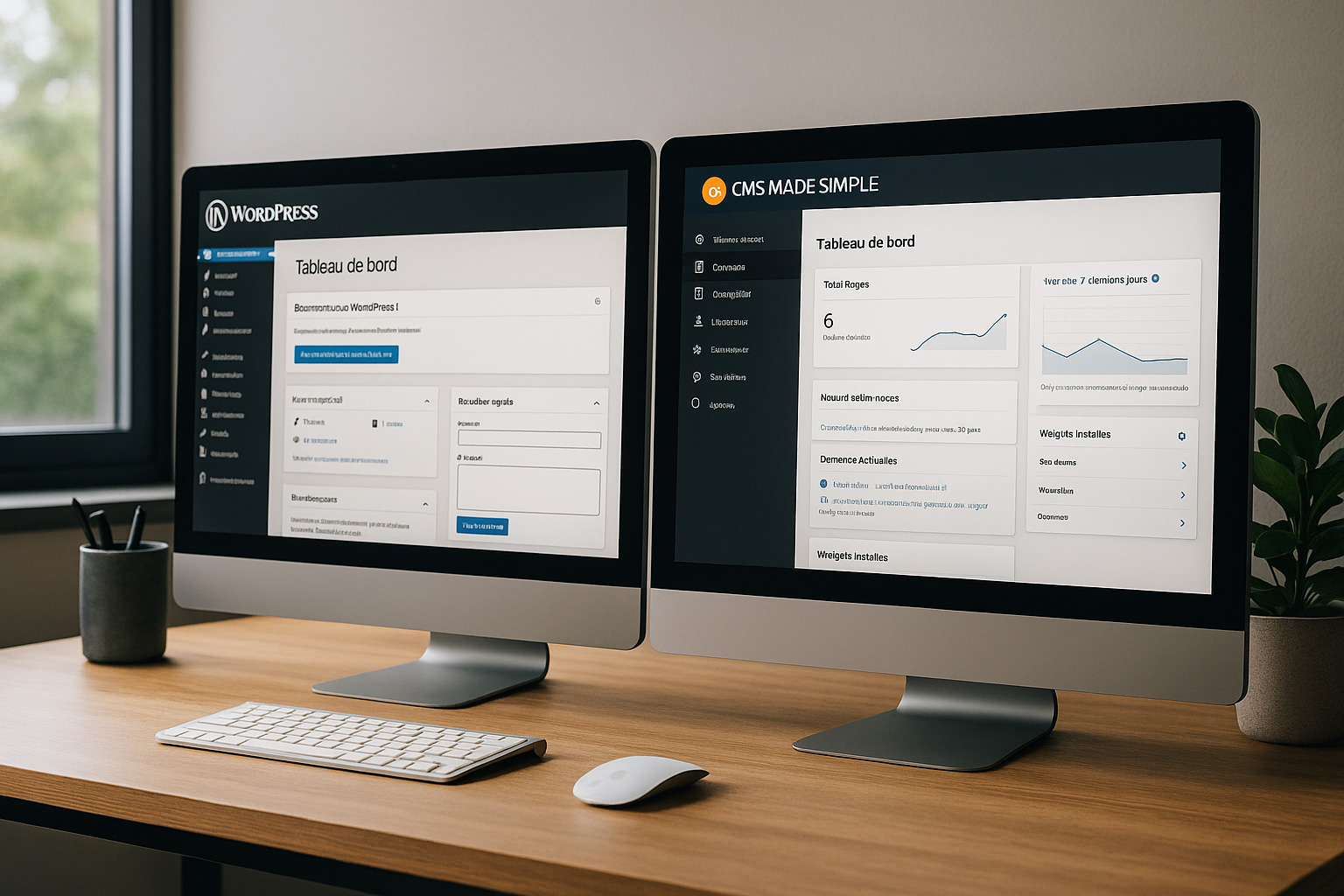 Deux écrans d’ordinateur affichant les tableaux de bord WordPress et CMS Made Simple côte à côte sur un bureau moderne, illustrant la comparaison des CMS pour un site professionnel en 2026.