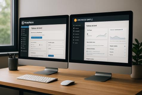 Deux écrans d’ordinateur affichant les tableaux de bord WordPress et CMS Made Simple côte à côte sur un bureau moderne, illustrant la comparaison des CMS pour un site professionnel en 2026.