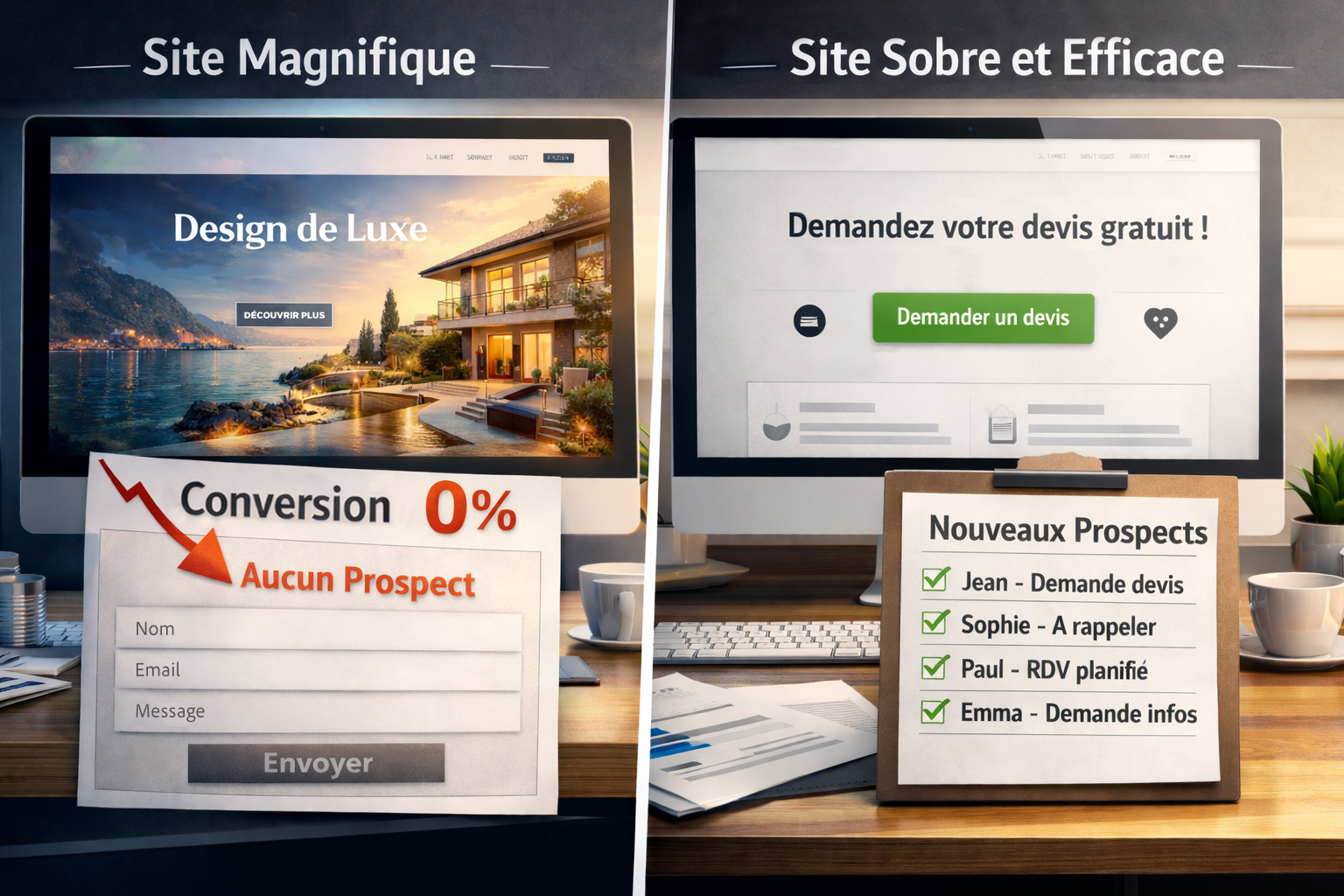 Comparaison entre un site Internet esthétique sans conversion et un site simple générant des prospects