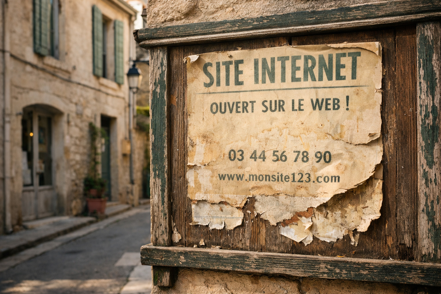 Ancien panneau d’affichage dans une rue de Saint-Rémy-de-Provence illustrant l’obsolescence d’un site Internet