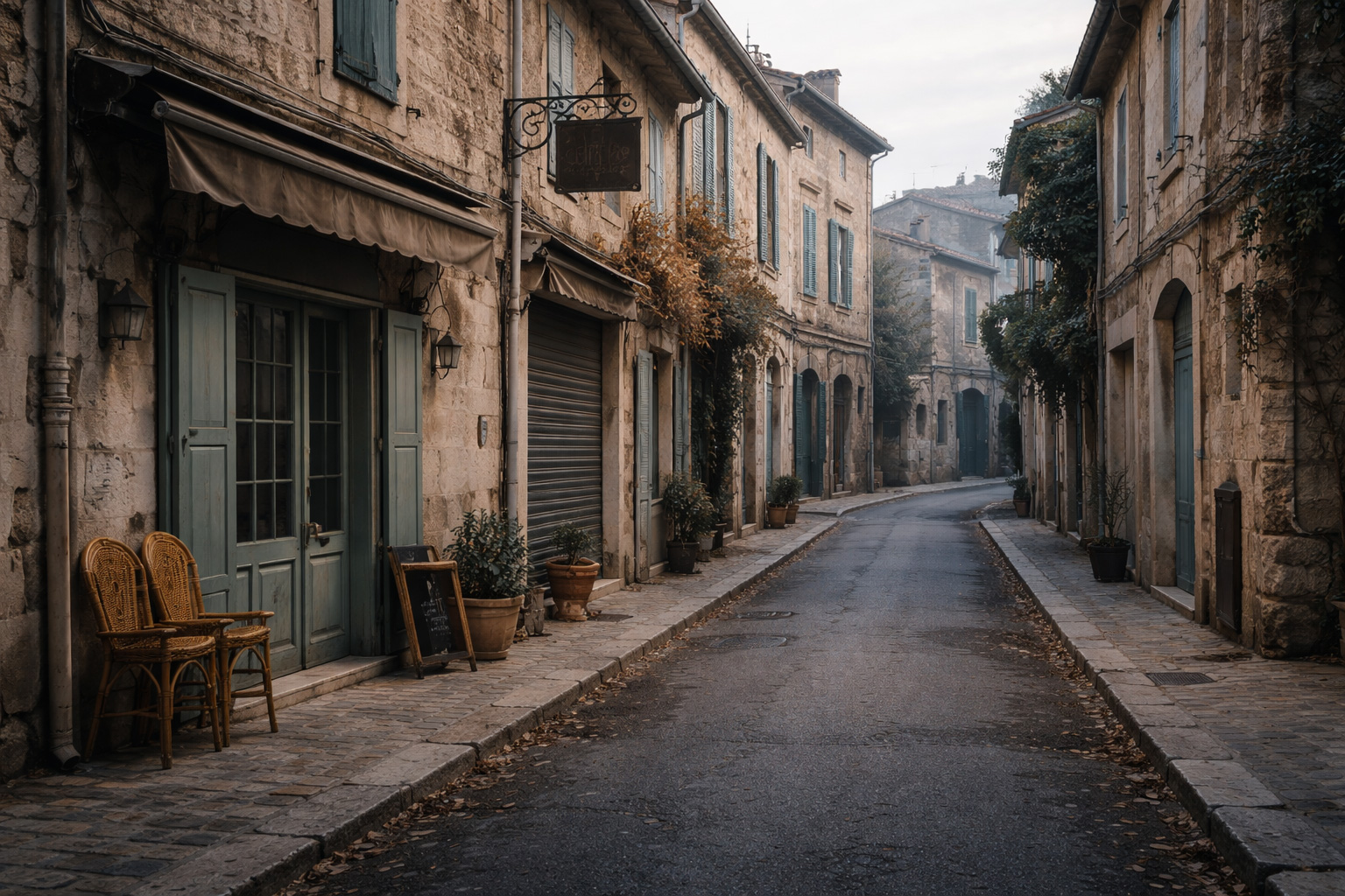 Rue provençale calme en hiver illustrant la perte progressive de visibilité d’un site Internet local