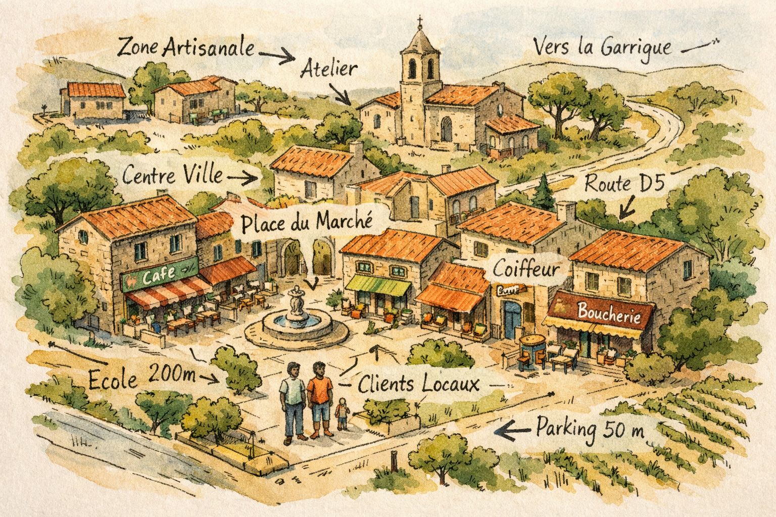 Illustration d’un village provençal représentant la compréhension du territoire en SEO local