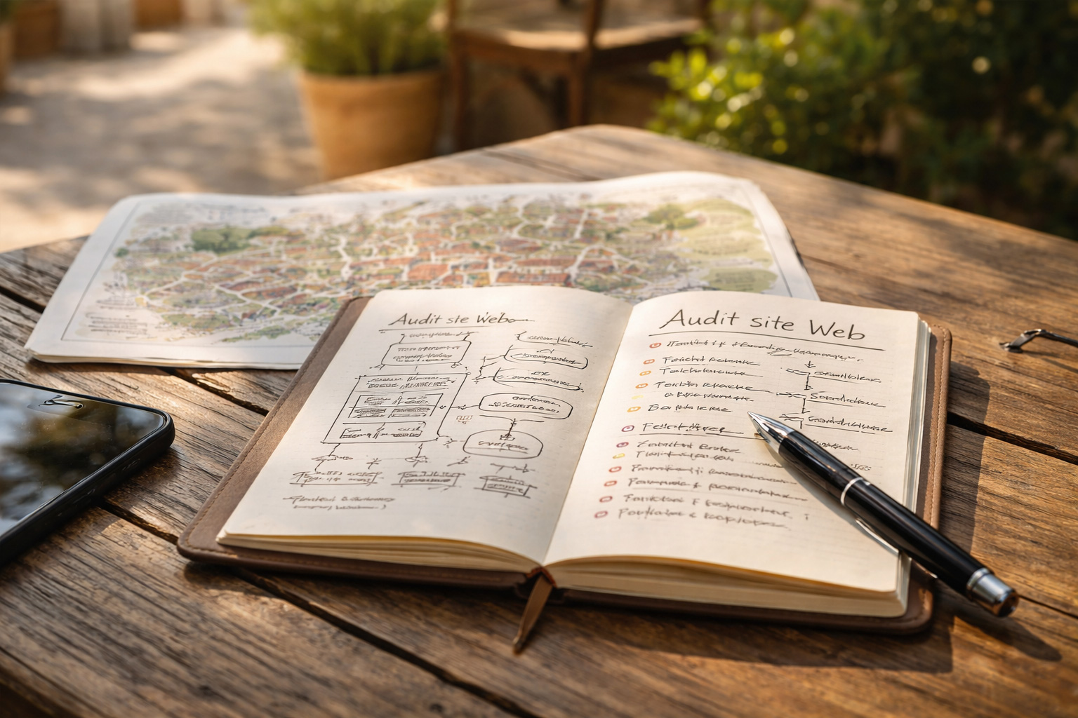 Carnet de notes et plan local illustrant un audit de site Internet réalisé par analyse humaine
