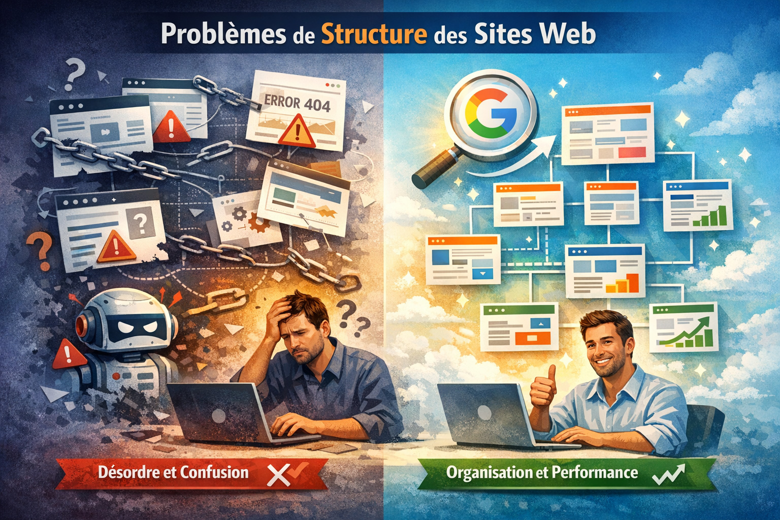 Illustration comparant un site Internet mal structuré et un site bien organisé, montrant l’impact de l’architecture sur le référencement Google, la compréhension utilisateur et la performance globale