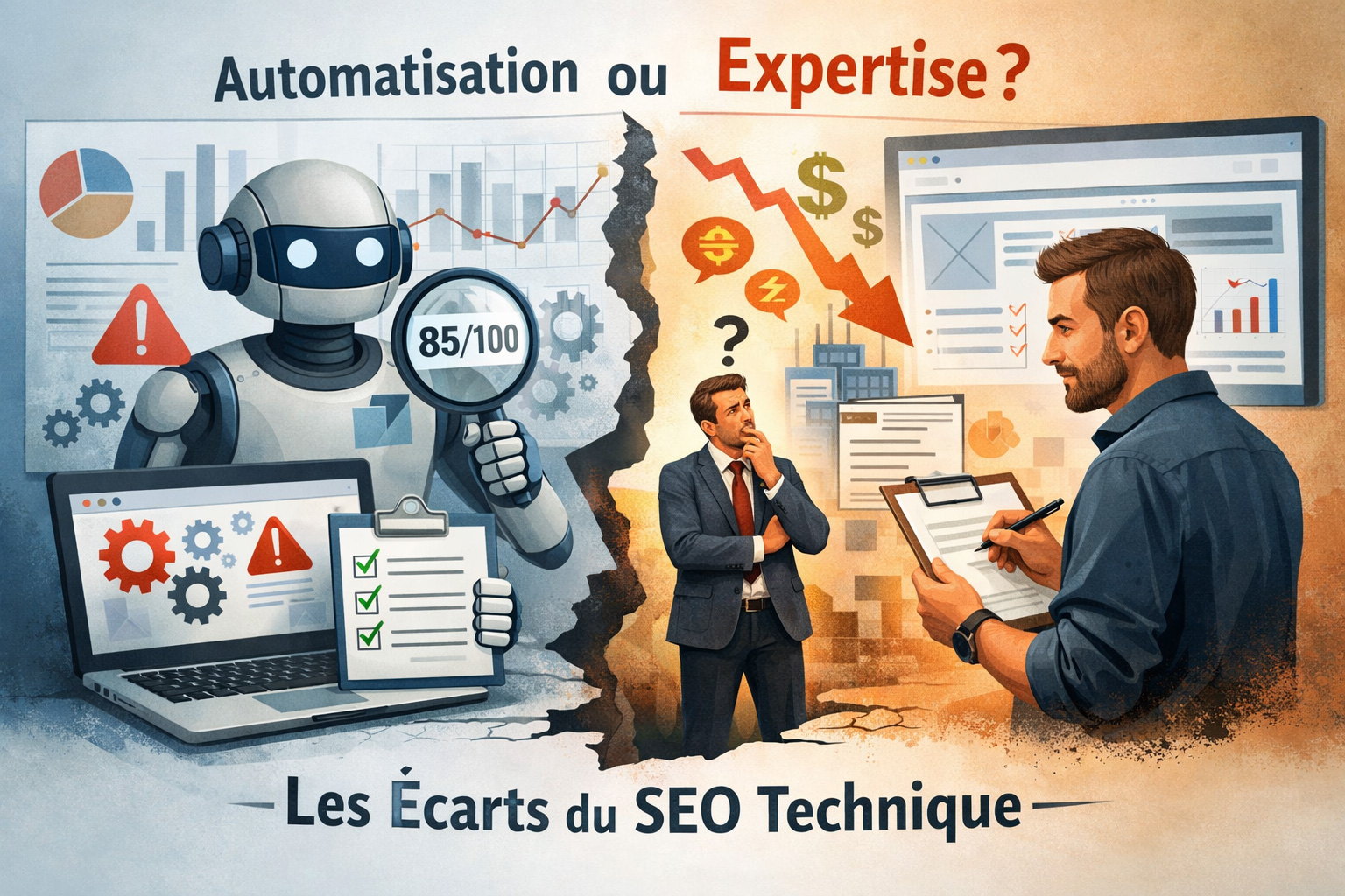 Illustration opposant un audit SEO technique automatis&eacute; &agrave; une analyse strat&eacute;gique humaine, mettant en &eacute;vidence les limites des outils standardis&eacute;s face &agrave; une vision globale du r&eacute;f&eacute;rencement