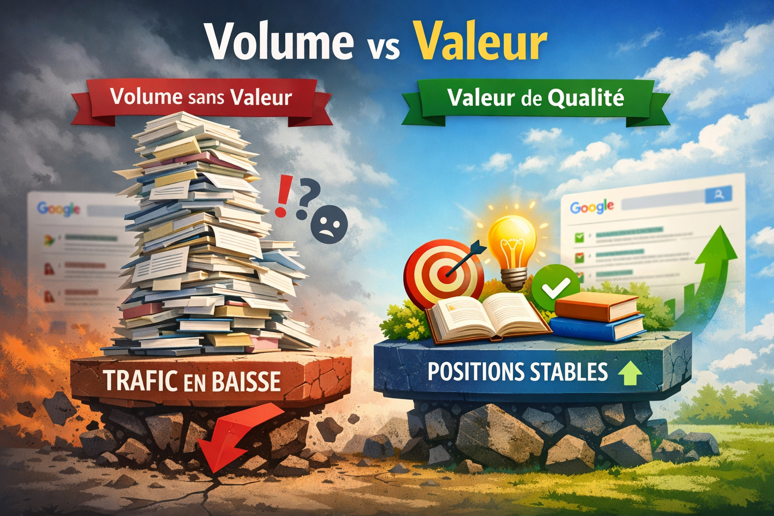 Illustration SEO montrant l’opposition entre production de contenu sans stratégie et approche globale intégrant structure du site, performance technique et expérience utilisateur pour une visibilité durable sur Google