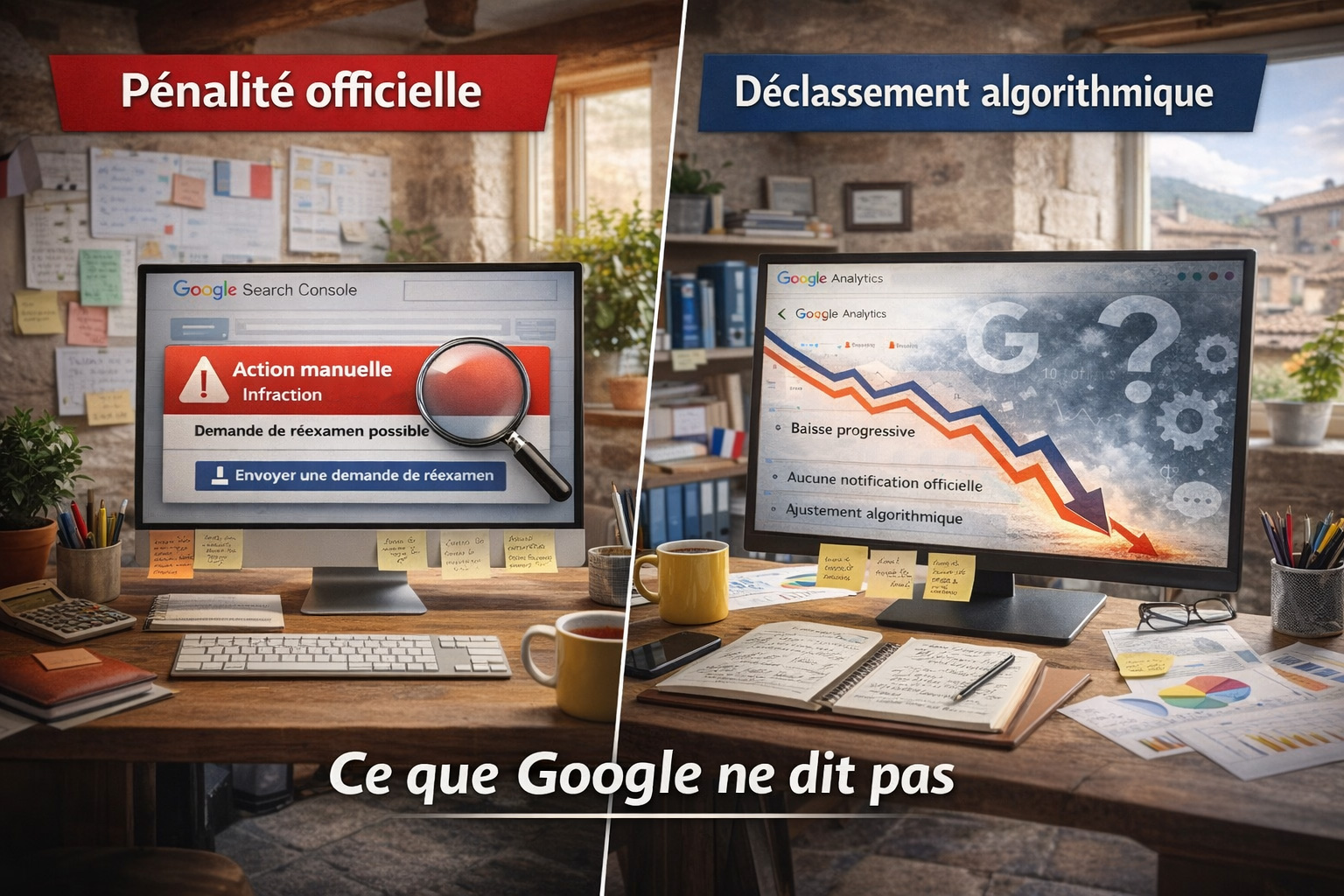 Bureau d’une agence SEO en Provence montrant la différence entre une pénalité Google officielle dans la Search Console et un déclassement algorithmique progressif sans notification