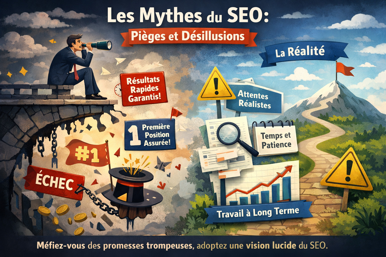 Illustration opposant les mythes du référencement naturel aux réalités du SEO : promesses irréalistes, résultats rapides, face à une stratégie fondée sur le temps, la méthode et la visibilité durable
