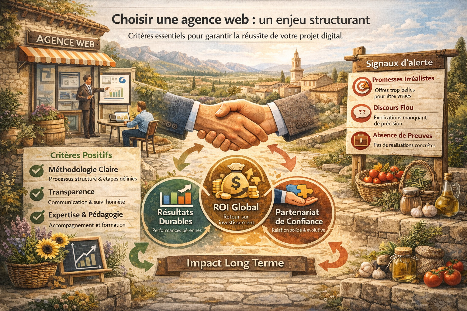 Illustration réaliste d’un village provençal symbolisant le choix d’une agence web locale et l’accompagnement digital sur le long terme