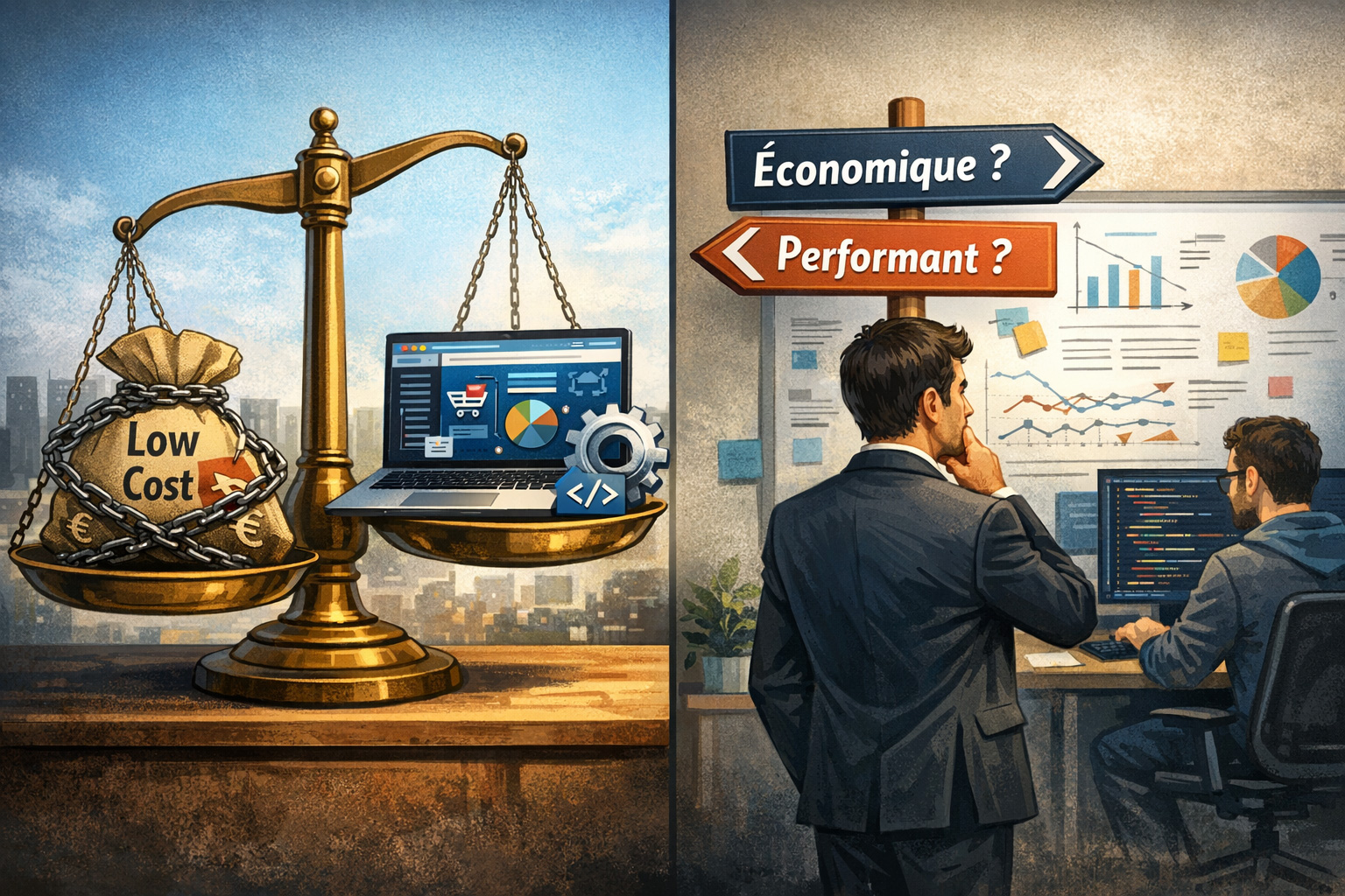 Illustration comparant le coût réel d’un site Internet professionnel, entre solution low-cost et projet web performant intégrant stratégie, technique et objectifs business