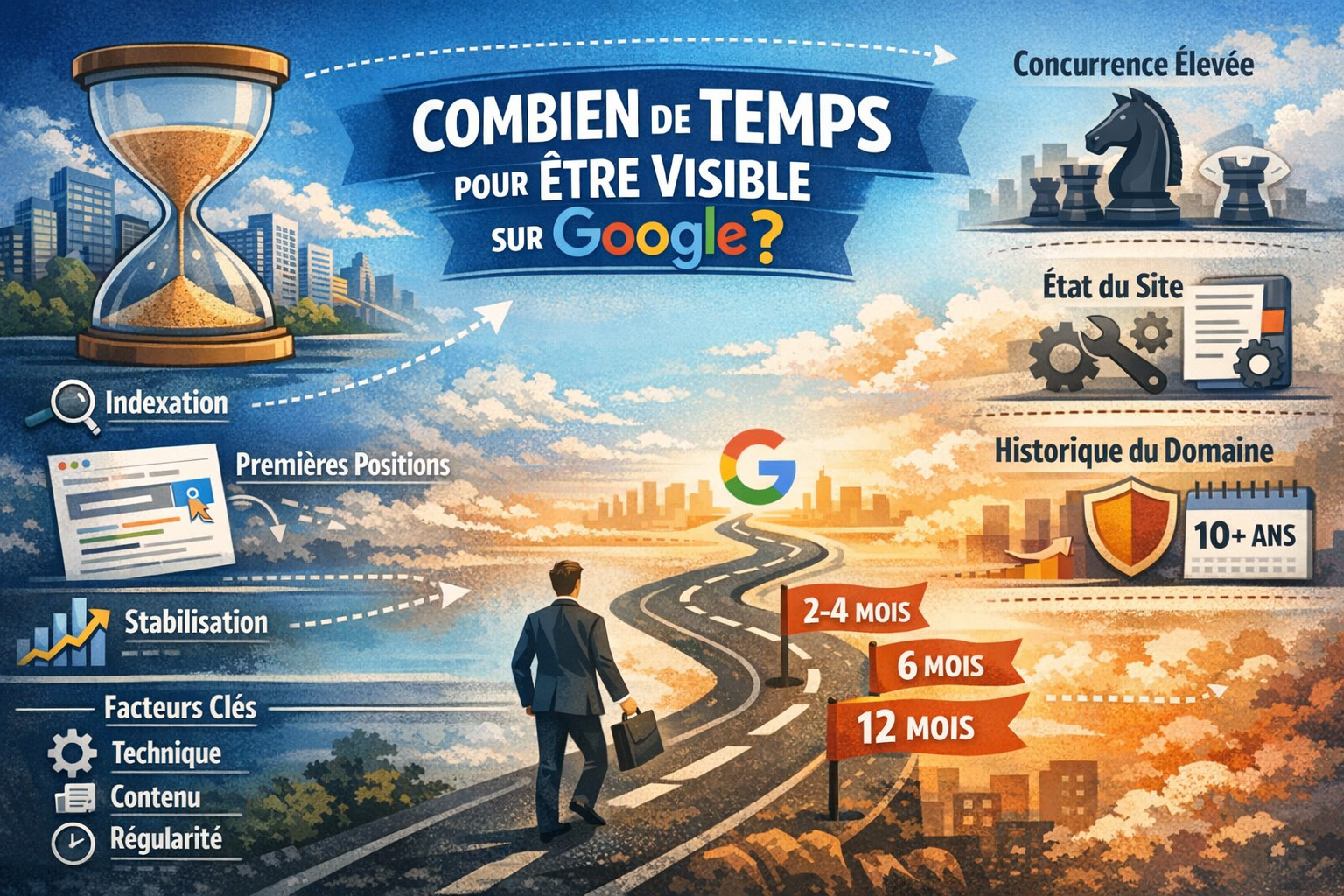 Illustration expliquant les délais de visibilité sur Google selon la concurrence, l’état du site, l’historique du domaine et les étapes du référencement naturel