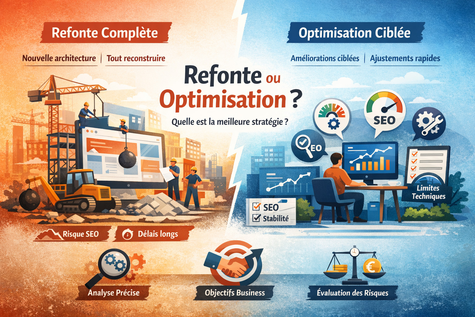 Illustration comparant une refonte complète de site Internet et une optimisation SEO ciblée, pour aider les entreprises à choisir la meilleure stratégie digitale