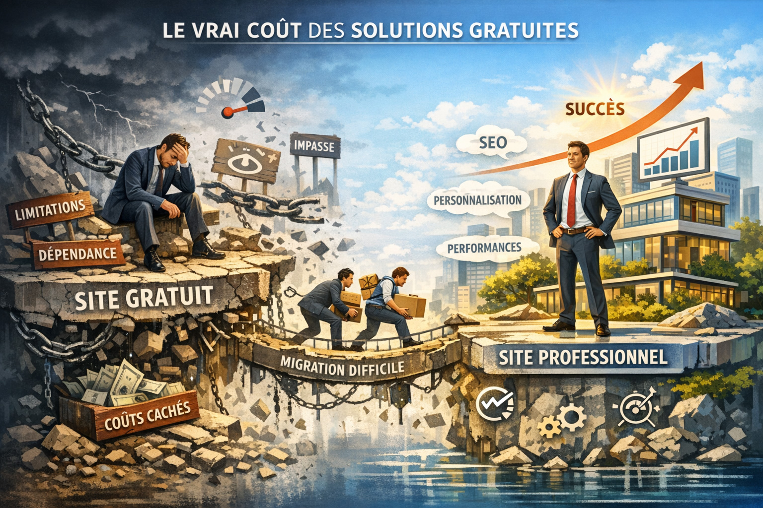 Illustration montrant la différence entre un site Internet gratuit générant dépendance, limitations et coûts cachés, et un site professionnel performant conçu comme un investissement durable