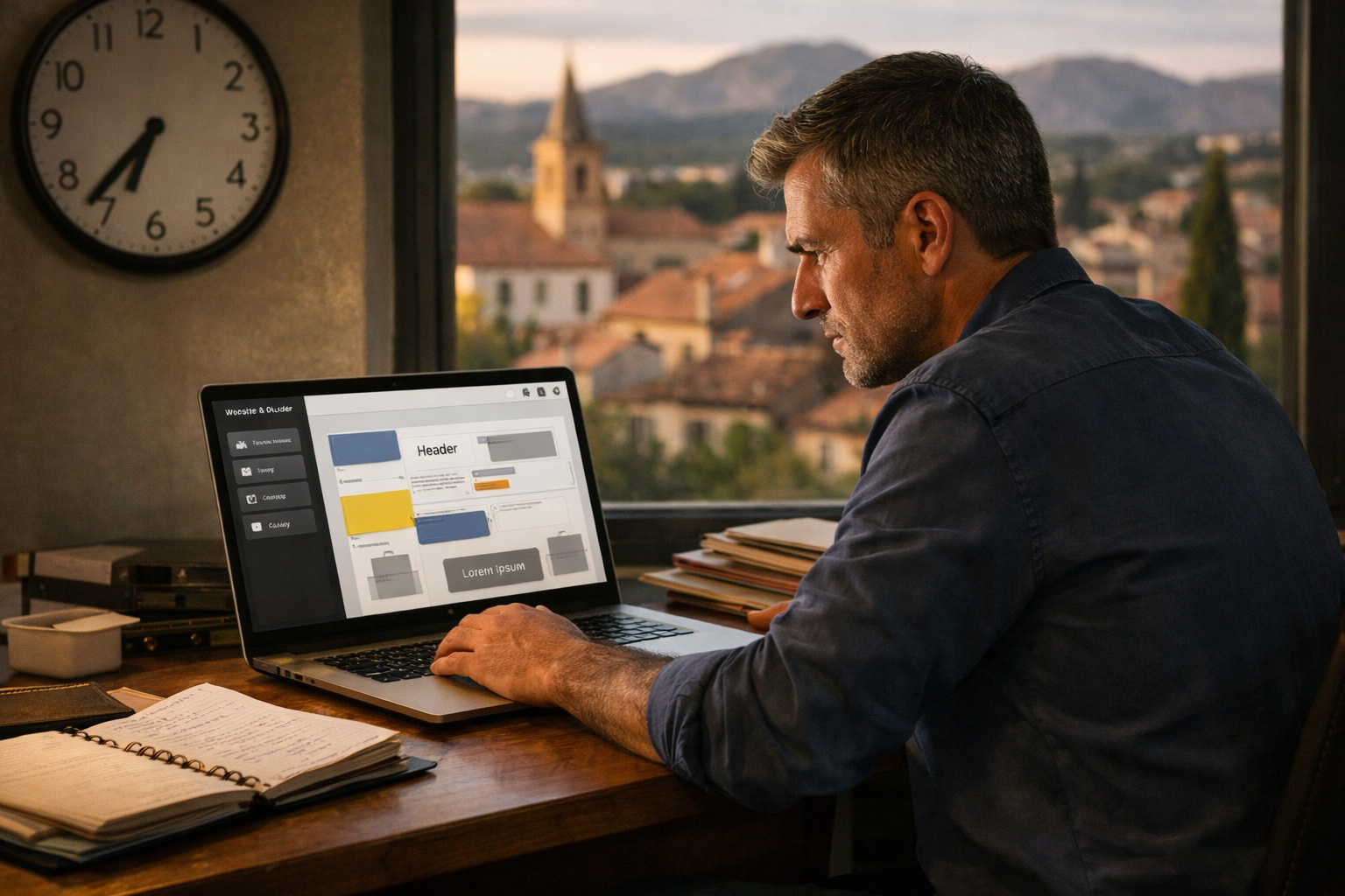 Dirigeant travaillant seul sur la cr&eacute;ation de son site internet, illustrant les limites strat&eacute;giques, le temps investi et les impacts SEO d&rsquo;une construction en autonomie