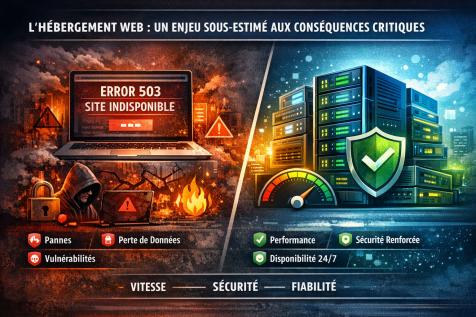 Illustration comparant un hébergement web grand public instable et un hébergement professionnel sécurisé, montrant l’impact sur la performance, la disponibilité et le référencement d’un site internet.