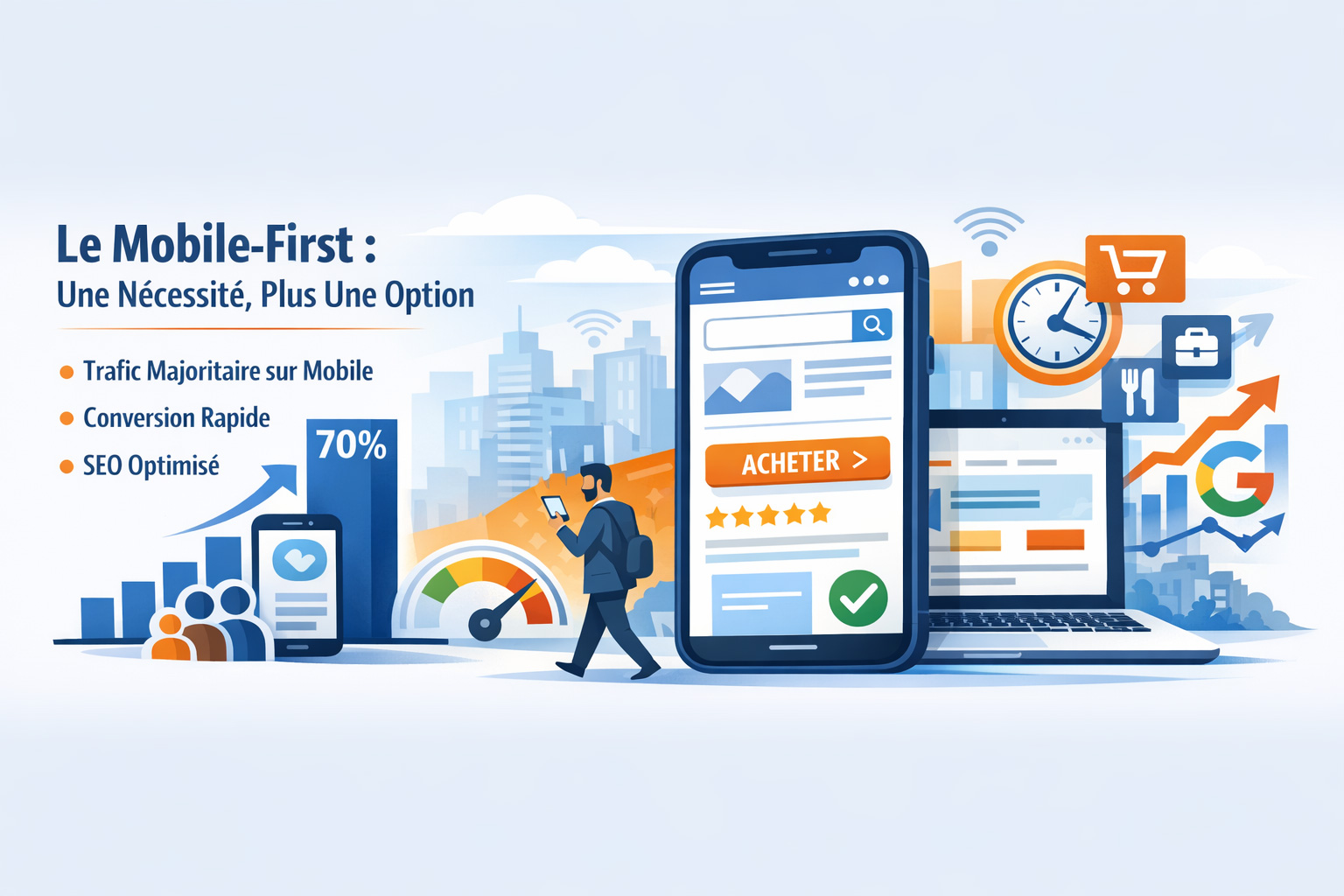 Illustration représentant la conception mobile-first d’un site Internet, mettant en avant la performance mobile, l’expérience utilisateur et l’impact sur le référencement naturel.