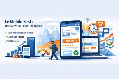Illustration représentant la conception mobile-first d’un site Internet, mettant en avant la performance mobile, l’expérience utilisateur et l’impact sur le référencement naturel.