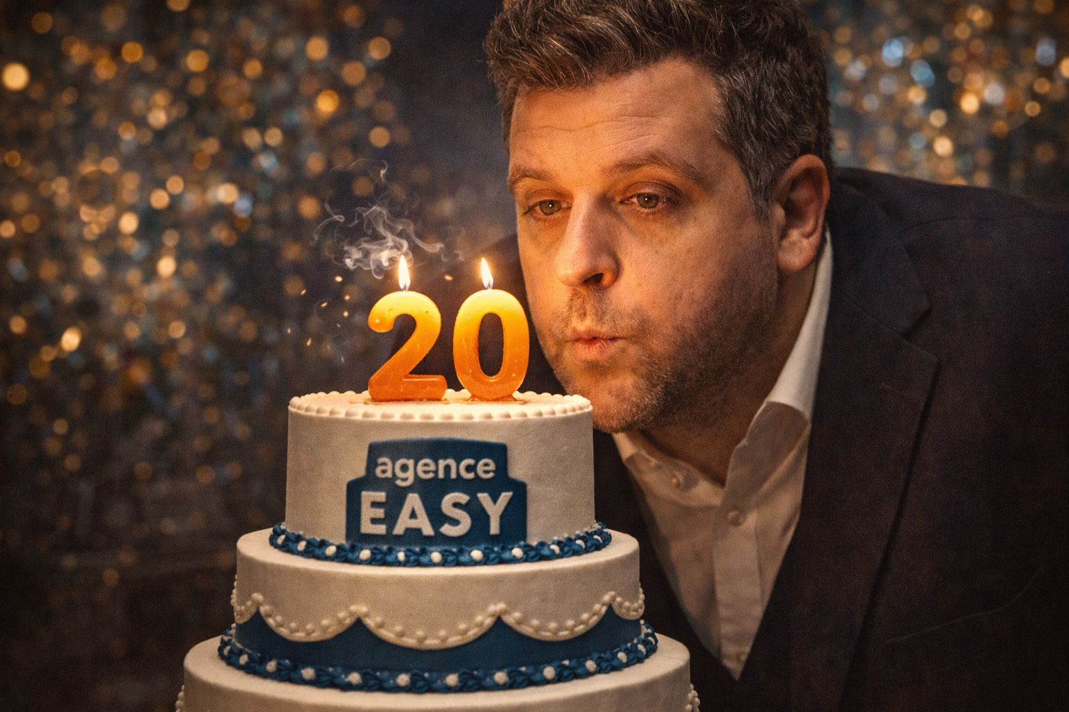 Erwan Le Seac&rsquo;h souffle les 20 bougies sur un g&acirc;teau d&rsquo;anniversaire aux couleurs de l&rsquo;Agence Easy, c&eacute;l&eacute;brant les 20 ans de l&rsquo;entreprise &agrave; Saint-R&eacute;my-de-Provence