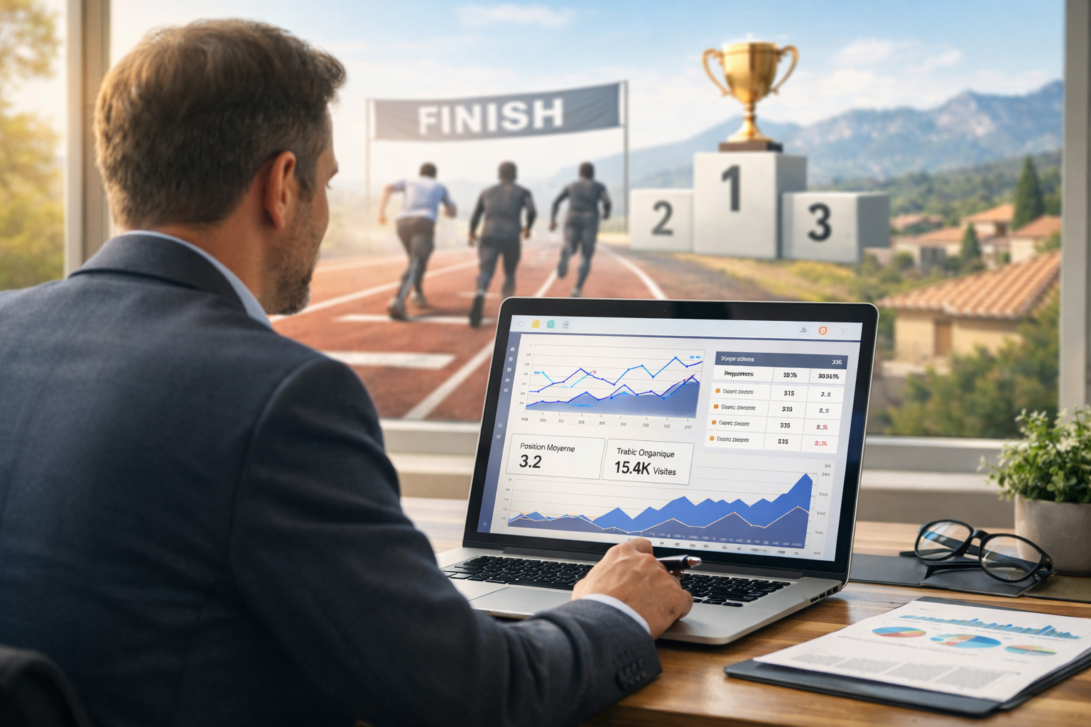 Dirigeant analysant des performances SEO sur ordinateur, avec une m&eacute;taphore visuelle de course illustrant la concurrence pour les premi&egrave;res positions sur Google.