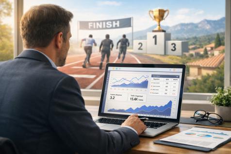 Dirigeant analysant des performances SEO sur ordinateur, avec une métaphore visuelle de course illustrant la concurrence pour les premières positions sur Google.