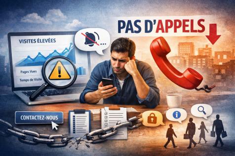 Illustration d’un entrepreneur consultant les statistiques de son site web avec beaucoup de visites mais aucun appel téléphonique, symbolisant un problème de conversion en ligne.