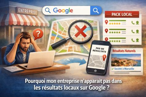 Illustration d’une entreprise absente du Map Pack Google avec carte locale, résultats naturels et fiche Google Business Profile non visible