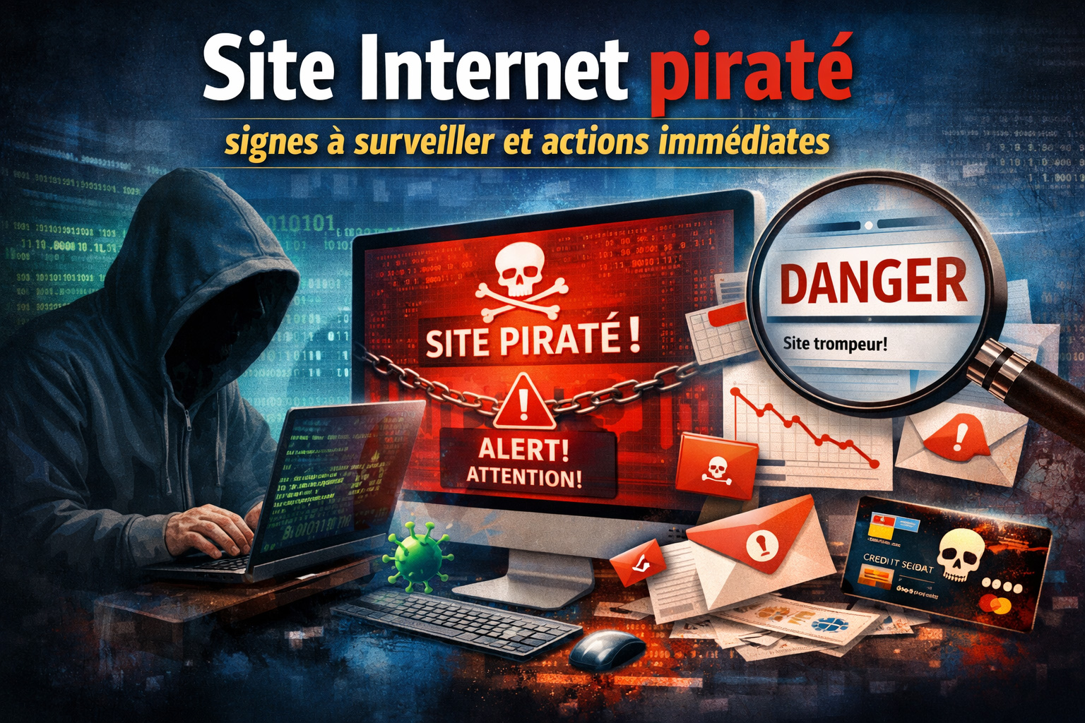 Site Internet pirat&eacute; affichant un avertissement de s&eacute;curit&eacute; avec redirection malveillante et alerte Google Safe Browsing