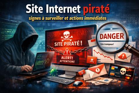 Site Internet piraté affichant un avertissement de sécurité avec redirection malveillante et alerte Google Safe Browsing