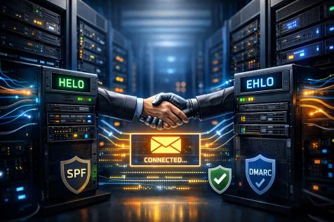 Illustration du dialogue SMTP entre deux serveurs de messagerie montrant la commande HELO EHLO et les mécanismes SPF DKIM DMARC pour la délivrabilité des emails