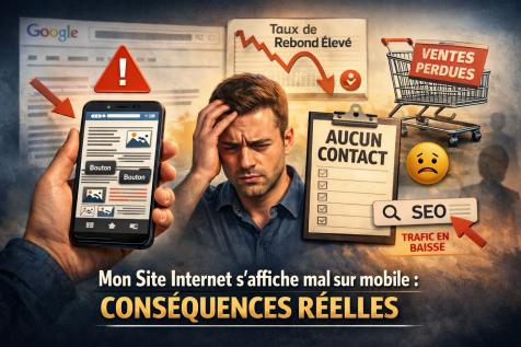 Site internet mal affiché sur mobile illustrant les conséquences SEO : taux de rebond élevé, perte de trafic et absence de contacts