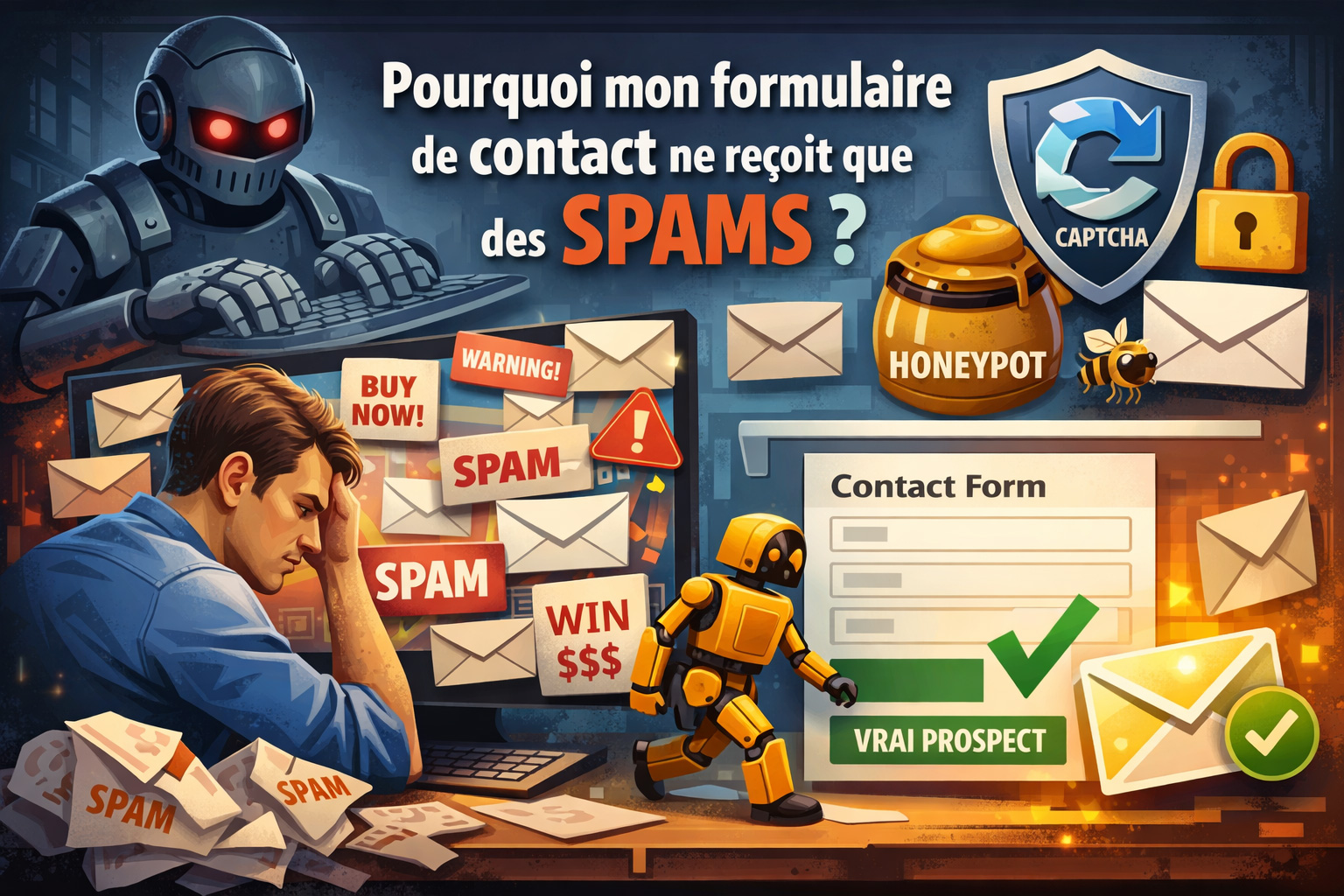 Formulaire de contact satur&eacute; de spams avec solutions de protection anti-bots et CAPTCHA pour site web professionnel