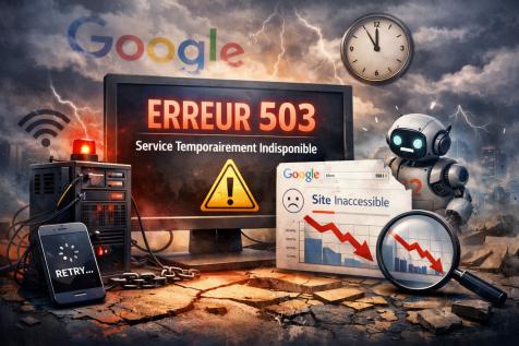 Illustration d’un site internet indisponible avec erreur 503 montrant l’impact sur Google, le trafic et la performance SEO