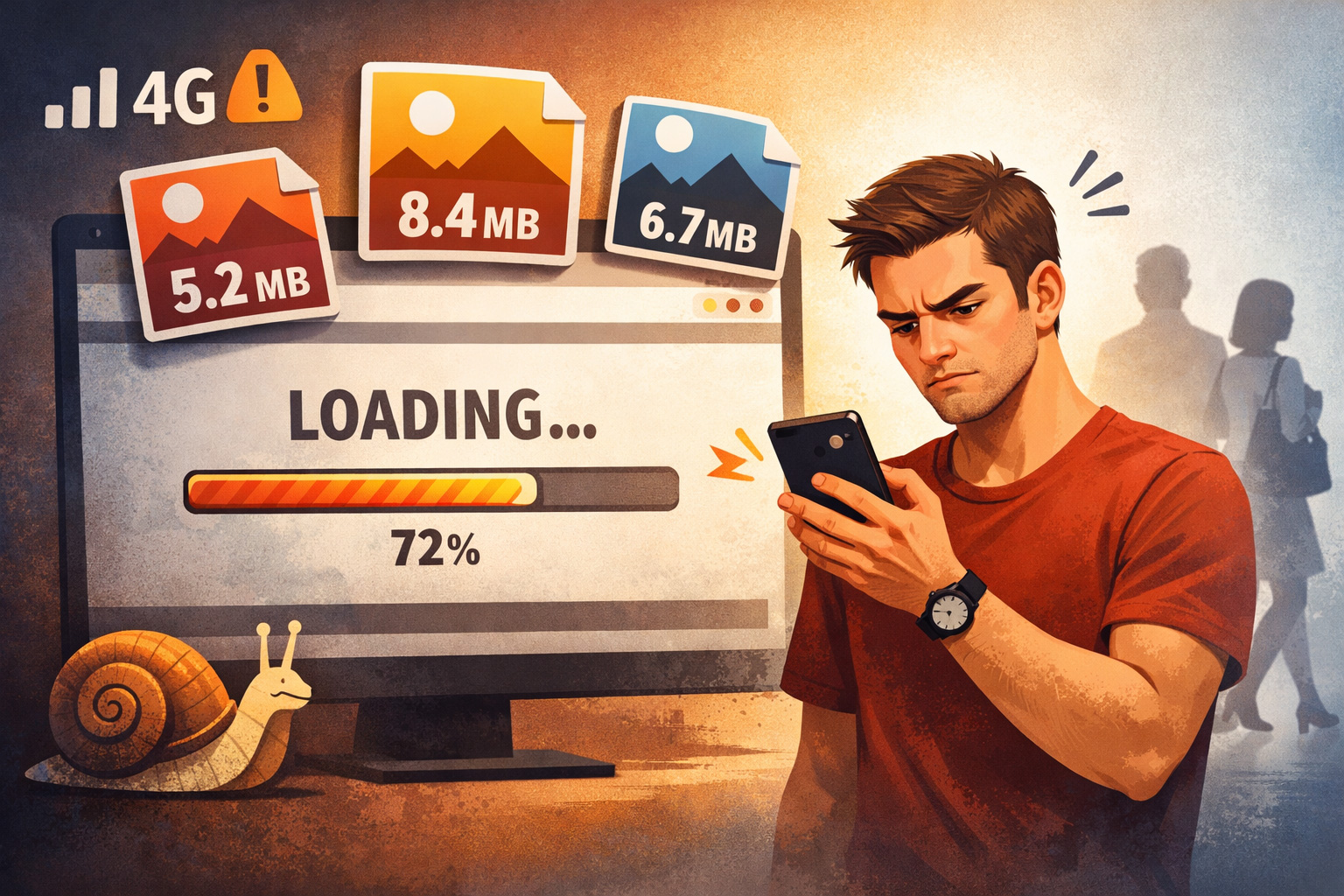 Illustration d’un site internet lent à cause d’images trop lourdes avec utilisateur frustré sur mobile et chargement long