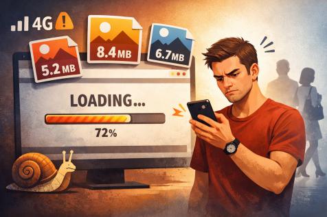 Illustration d’un site internet lent à cause d’images trop lourdes avec utilisateur frustré sur mobile et chargement long