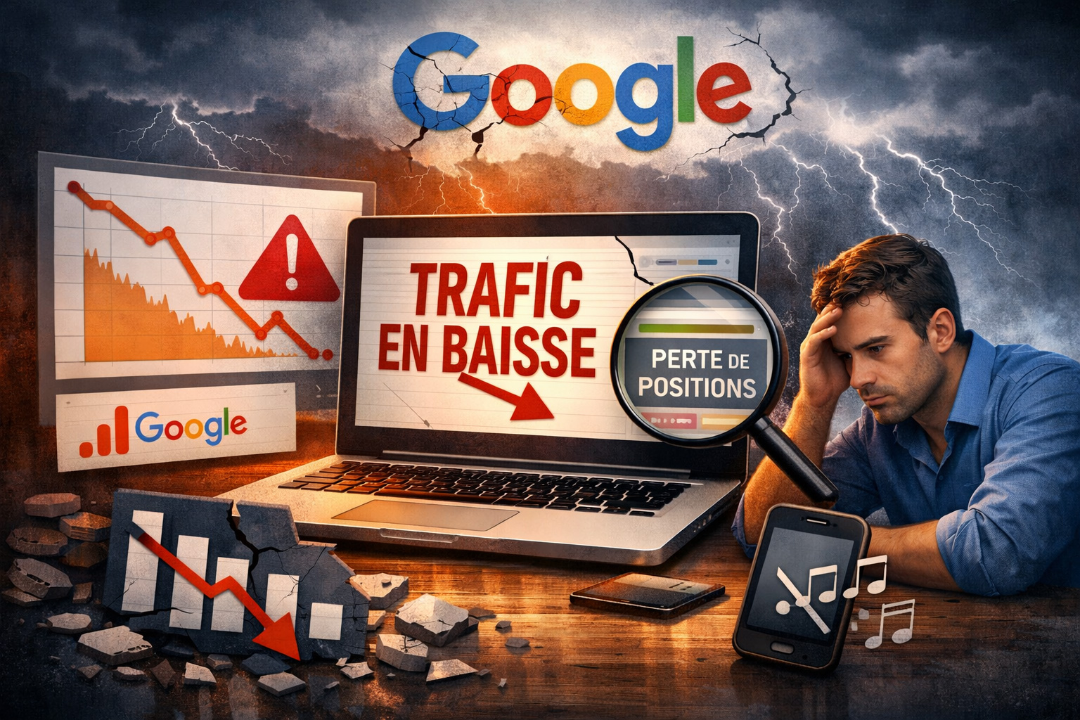 Illustration d’un site web en baisse de trafic et de positions après une mise à jour de l’algorithme Google avec graphique en chute et utilisateur préoccupé