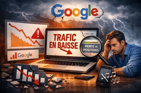 Illustration d’un site web en baisse de trafic et de positions après une mise à jour de l’algorithme Google avec graphique en chute et utilisateur préoccupé