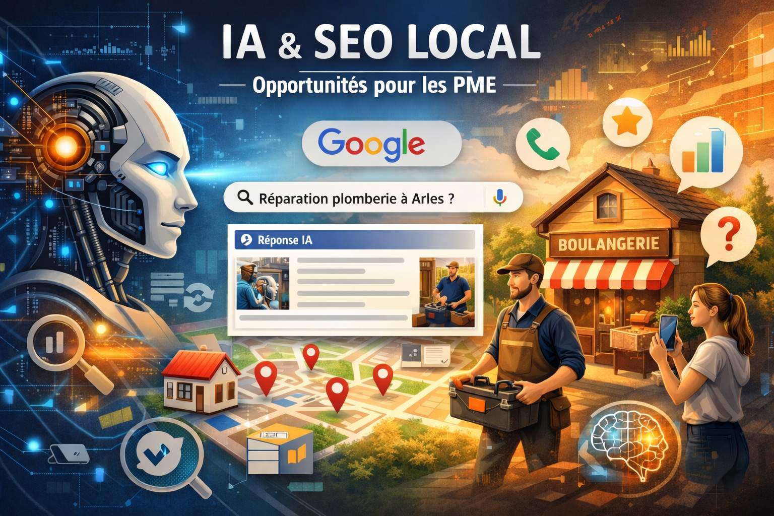 Illustration intelligence artificielle et SEO local pour PME &agrave; Arles avec recherche Google r&eacute;paration plomberie