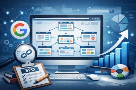 Schéma de maillage interne d’un site web montrant la structure des pages et les liens SEO entre contenus