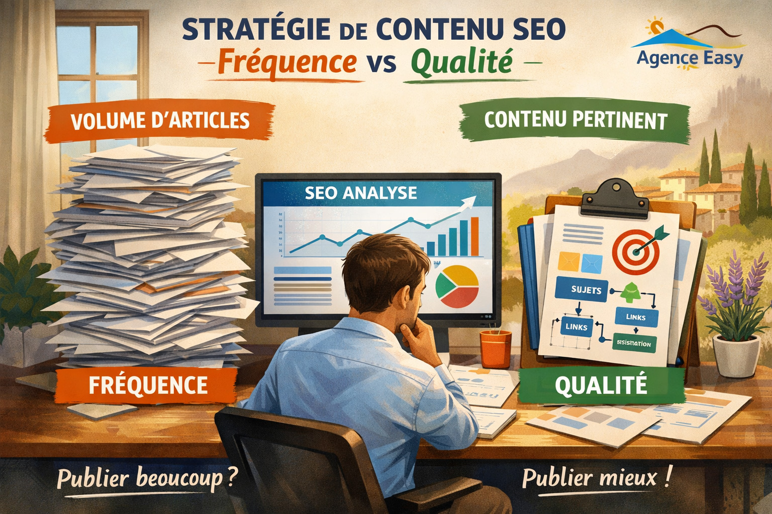 Comparaison strat&eacute;gie contenu SEO entre fr&eacute;quence de publication et qualit&eacute; &eacute;ditoriale avec analyse sur &eacute;cran
