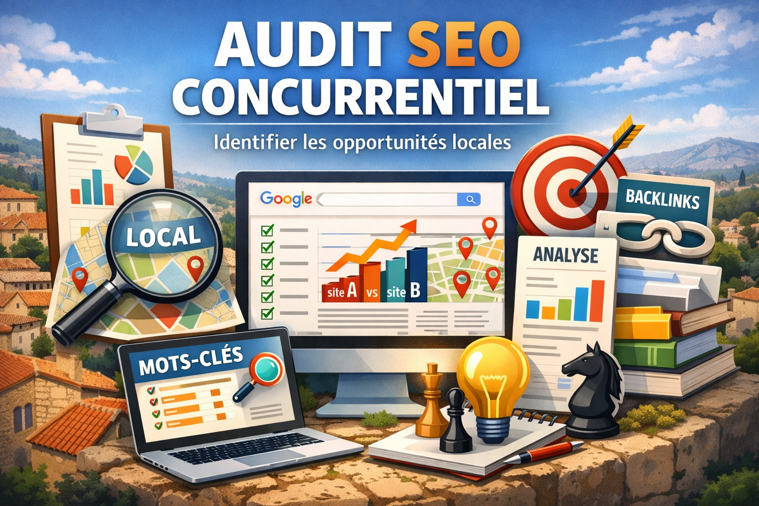 Audit SEO concurrentiel local en Provence avec analyse des mots-cl&eacute;s, backlinks et opportunit&eacute;s de positionnement Google