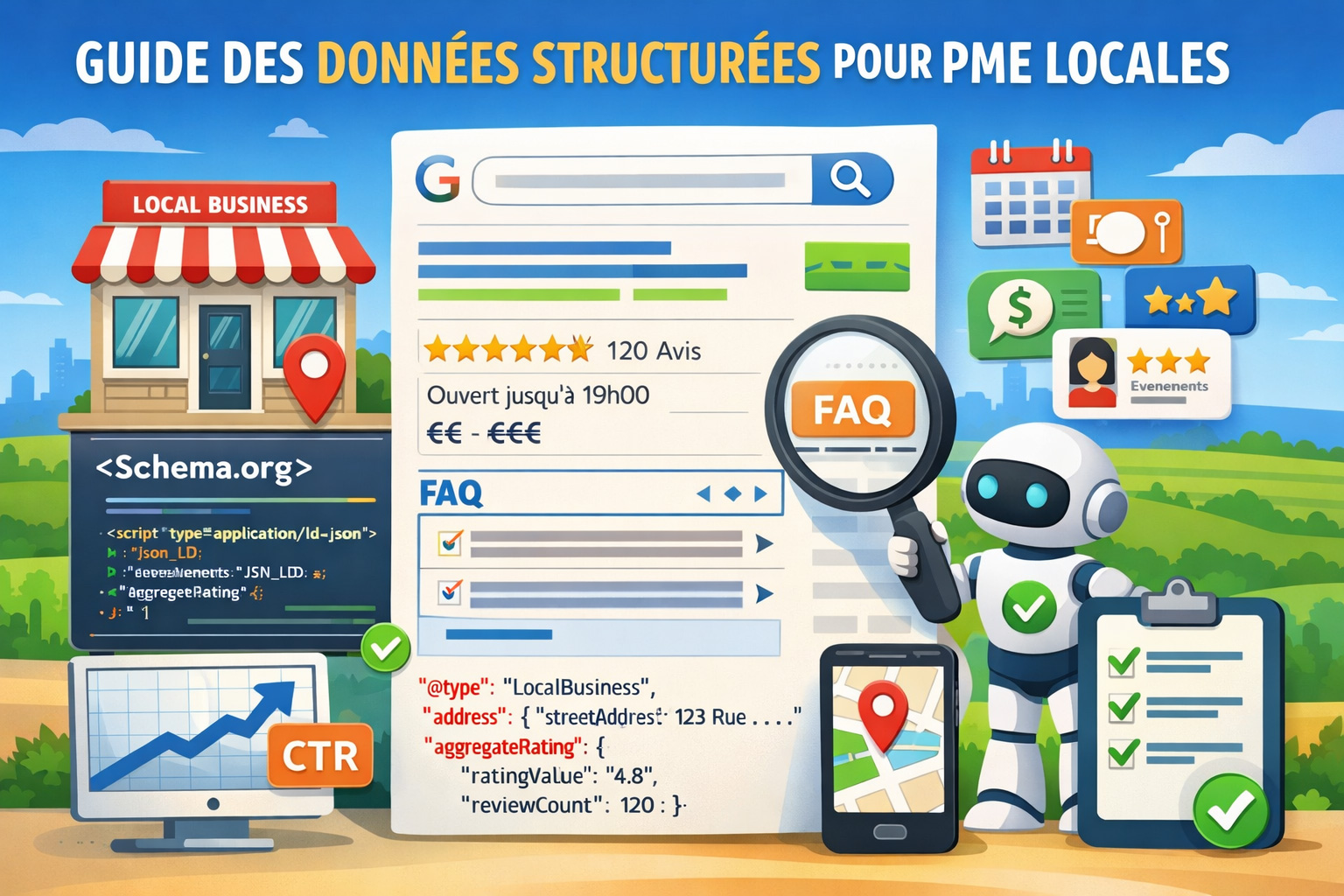 Illustration des donn&eacute;es structur&eacute;es Schema.org pour PME locales avec rich snippets, avis clients et r&eacute;sultats enrichis Google