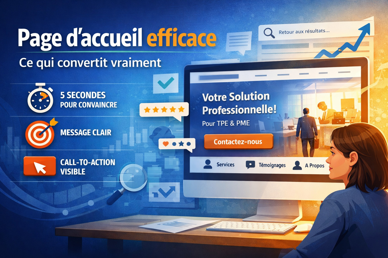 Page d&rsquo;accueil de site internet optimis&eacute;e pour la conversion avec message clair et call-to-action visible pour PME