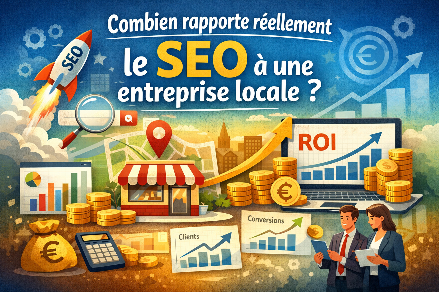 Illustration du retour sur investissement SEO pour une entreprise locale avec croissance du chiffre d'affaires et g&eacute;n&eacute;ration de leads